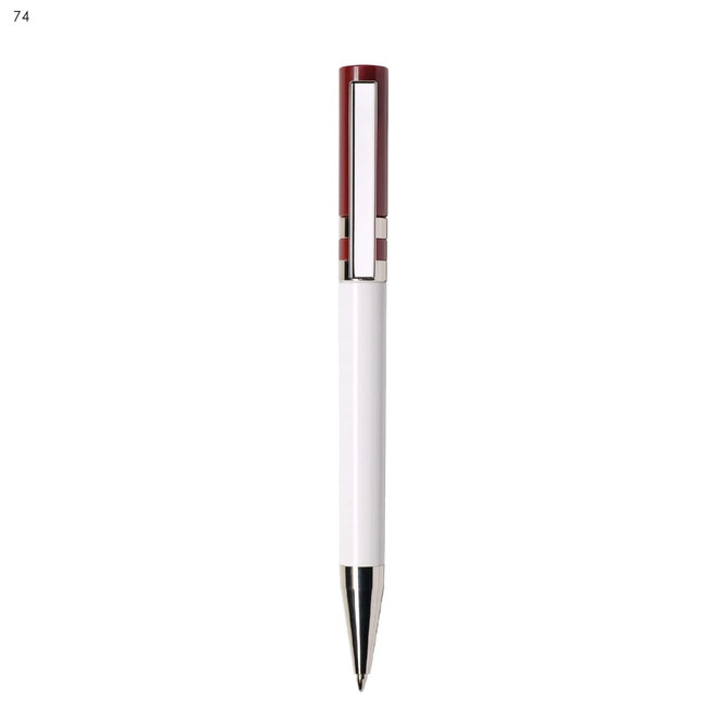 A white plastic pen with a red top and a metal clip. It features a logo on the barrel.
