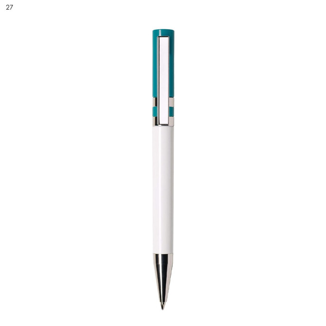 A plastic pen featuring a white body and a teal finial, with a metallic clip and tip. It has a logo on its body.