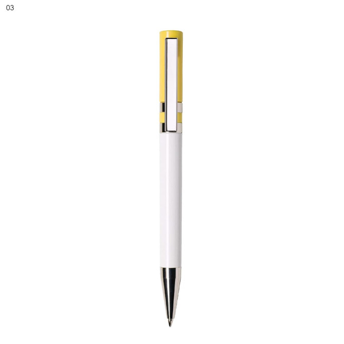 A plastic pen in white and yellow with a silver clip and trim, featuring a logo on the body.