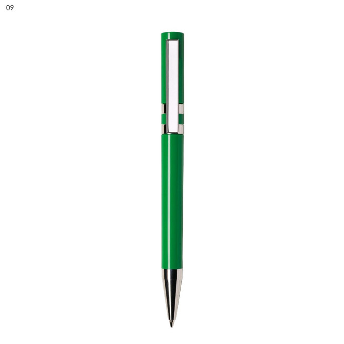 A green plastic pen with a silver clip and a shiny silver tip, featuring a logo.