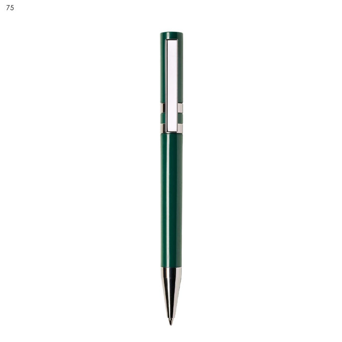 A green plastic pen with a silver clip and detailing, featuring a logo.