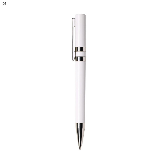 A white plastic pen with silver accents and a clip, featuring a sleek design and a logo.