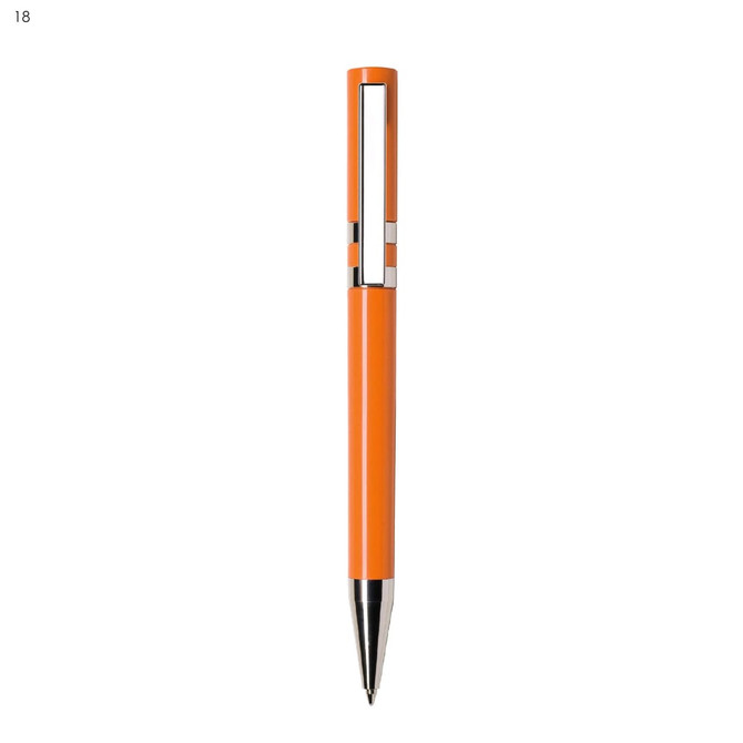 An orange plastic pen with a silver clip and decorative elements, featuring a logo on its body.