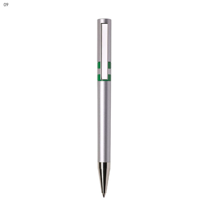 A silver plastic pen with a green accent and a cut-out design at the top. It features a chrome tip and has a logo.
