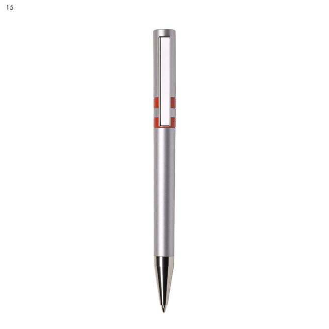A silver plastic pen with a red accent and a unique cut-out design. It includes a logo on the barrel.