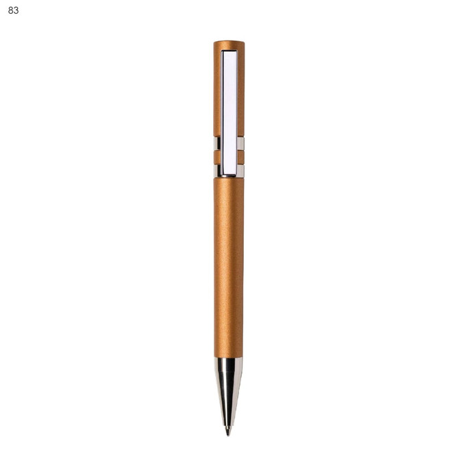 A sleek plastic pen in a metallic gold finish with a silver accent and a logo on the barrel.