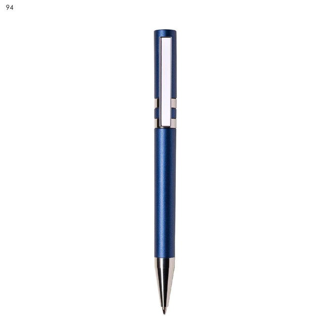 A blue plastic pen with a silver metal tip and a transparent clip, featuring a logo on its body.