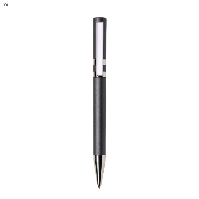 A sleek black plastic pen with a silver clip and a transparent section, featuring a brand logo.