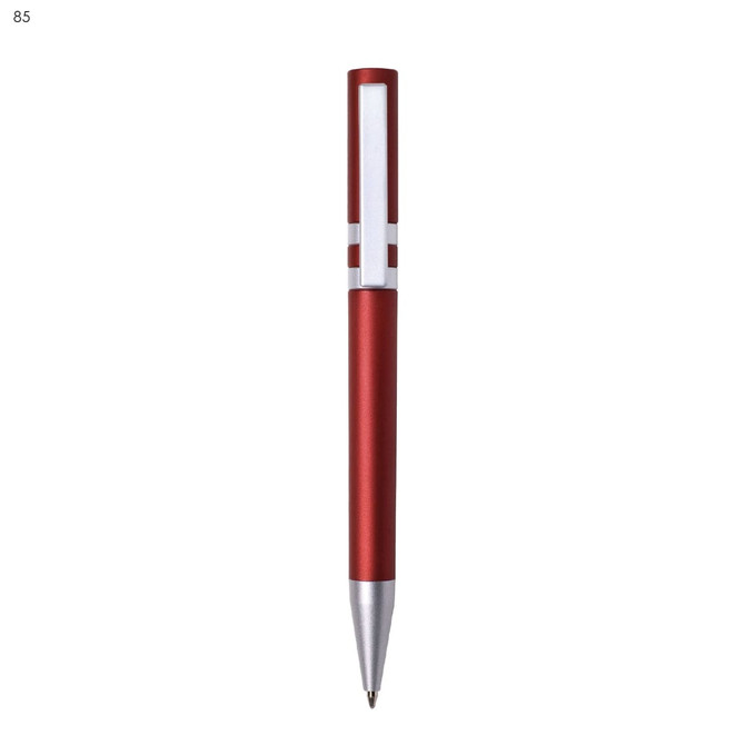 A red plastic pen with a sleek silver clip and tip, featuring a logo on its body.
