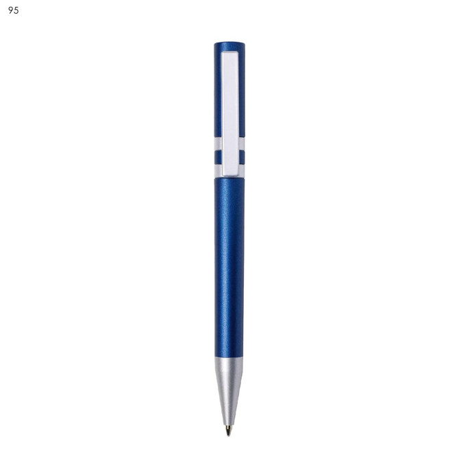 A blue plastic pen with a silver tip and a logo on the barrel.