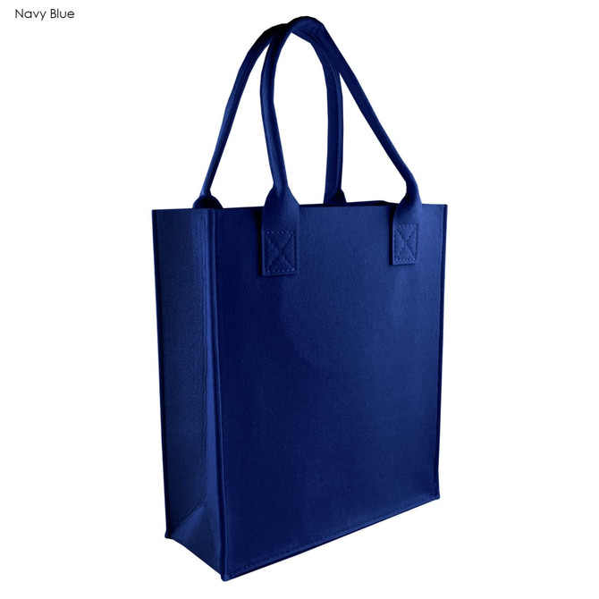 A navy blue tote bag with sturdy handles and a flat base, featuring a logo on the front.