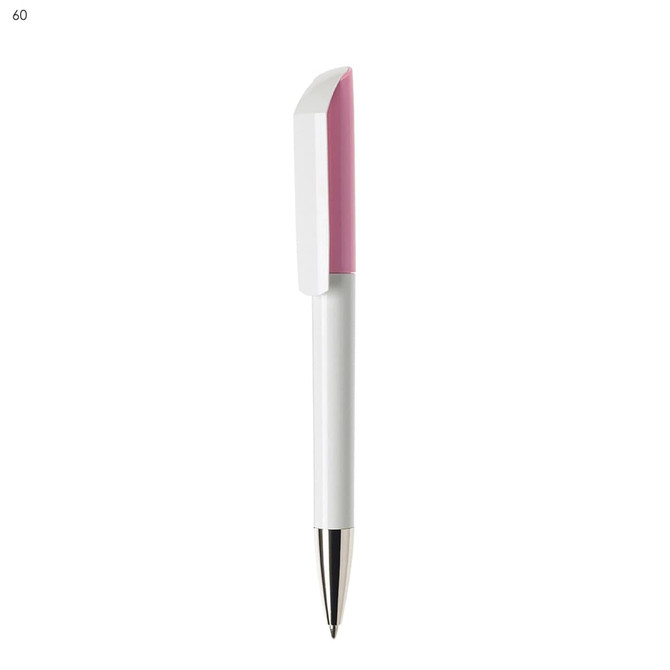 A plastic pen with a white body and a pink top, featuring a silver clip and tip, alongside a logo.