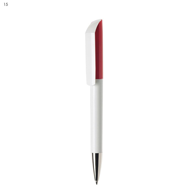 A plastic pen with a white body and a red clip, featuring a silver tip and a branding logo.