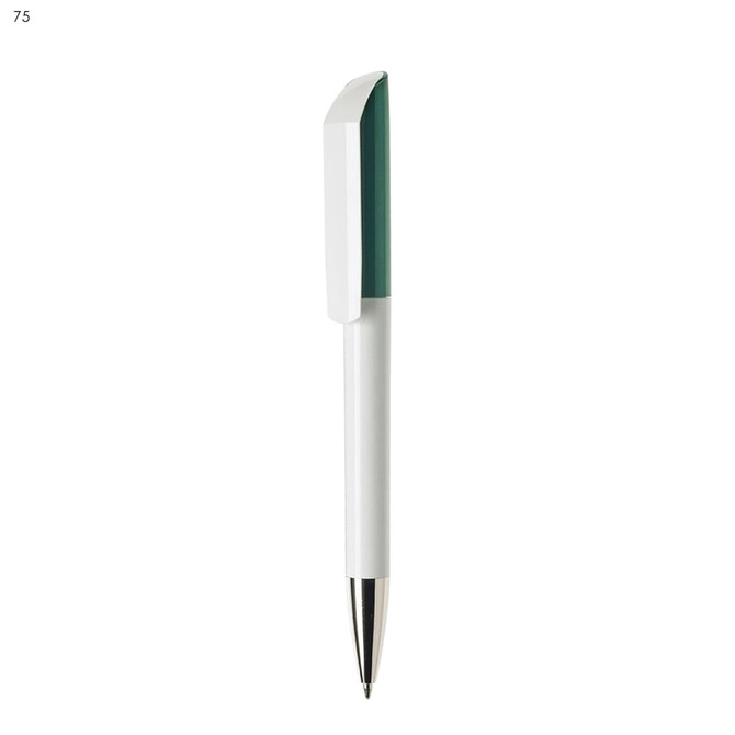 A plastic pen featuring a white barrel and a green cap, complemented by a silver tip. It has a branding logo.