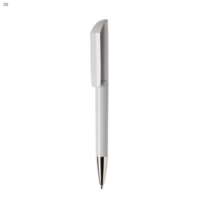 A plastic pen in white with a sleek design and a silver tip, featuring a branding logo on the barrel.