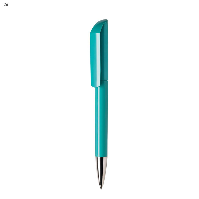 A turquoise plastic pen with a sleek design and metallic silver tip. It features a logo on the body.