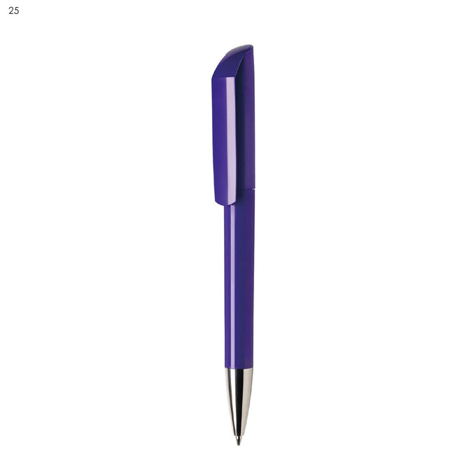 A purple plastic pen with a sleek design and a silver tip, featuring a logo on the side.