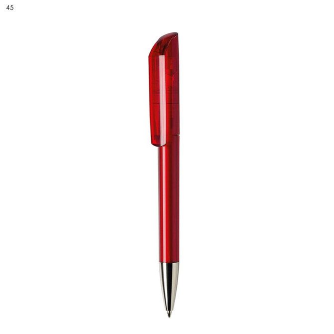 A red plastic pen with a sleek design and a silver tip, featuring a logo on the barrel.