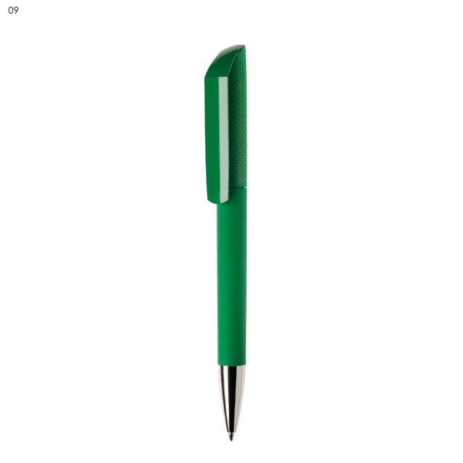 A green plastic pen with a textured grip and a shiny silver tip; features a logo on the body.