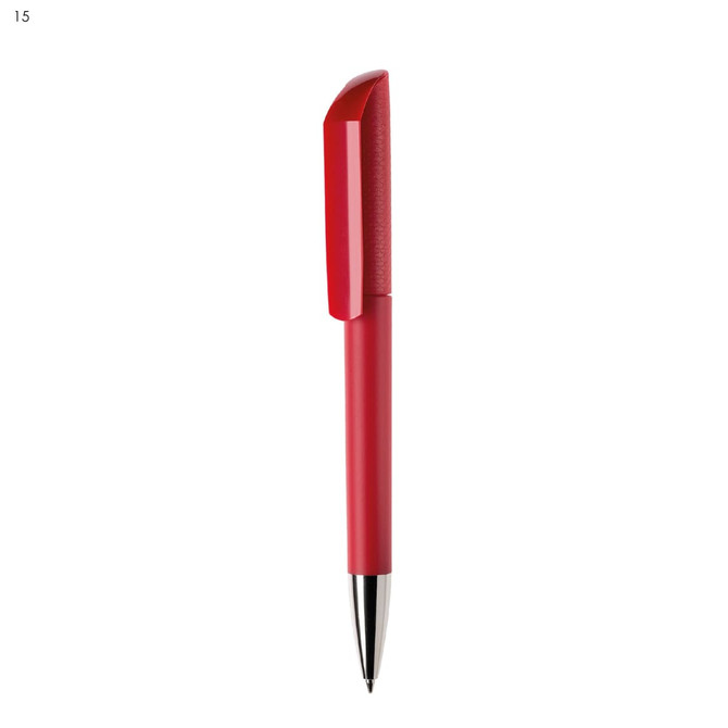 A red plastic pen with a unique cap design and a silver tip, featuring a logo on the side.
