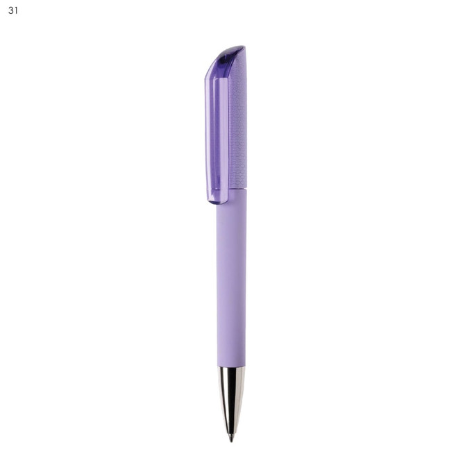 A purple plastic pen with a translucent clip and a metallic tip. The pen features a logo on the barrel.