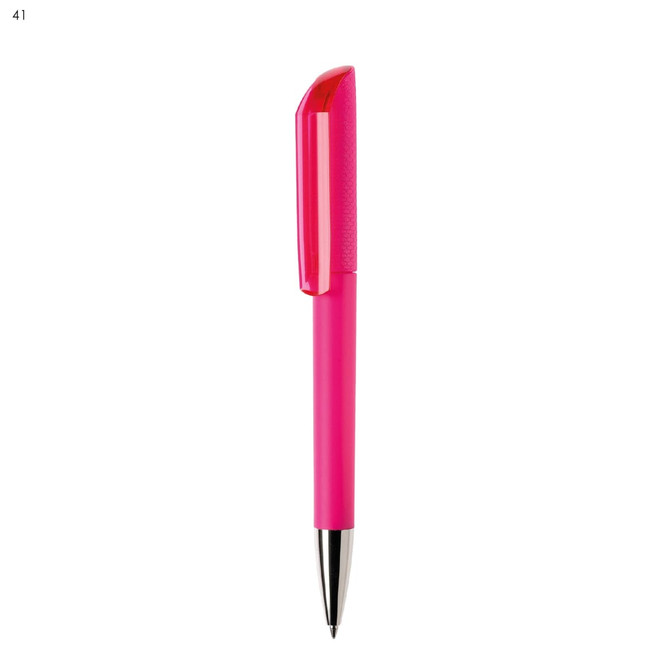 A pink plastic pen with a shiny clip and silver tip, featuring a branding logo.