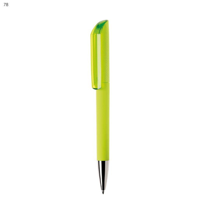 A green plastic pen with a translucent green cap and a silver tip, featuring a logo on the barrel.