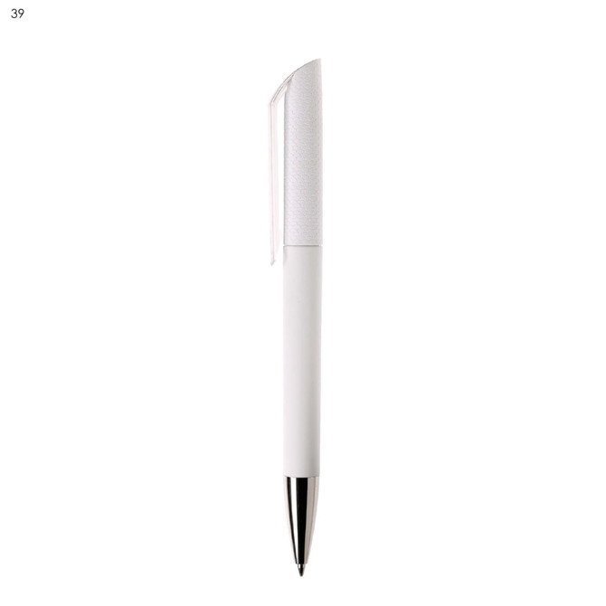 A white plastic pen with a textured clip and silver nib, featuring a logo on the body.