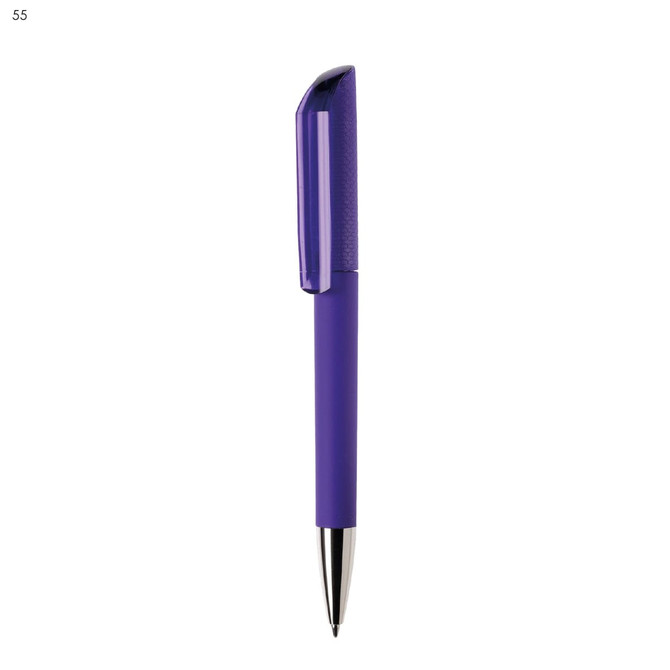 A purple plastic pen with a smooth finish and a clip on top. It features a shiny silver tip and has a logo.