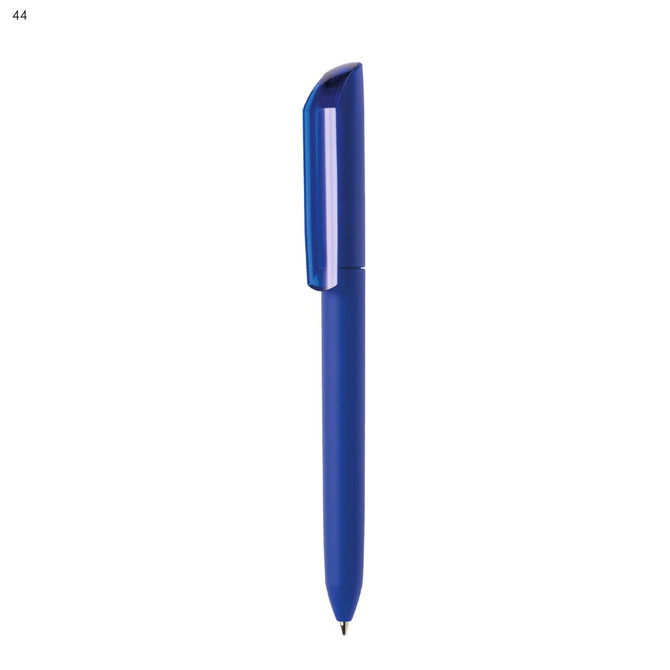 A blue plastic pen with a sleek design and a clip, featuring a logo on the barrel.