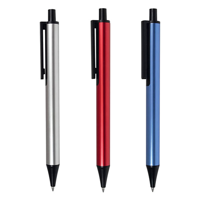 Three metal pens in silver, red, and blue with a clip for easy attachment. Each pen features a sleek design.
