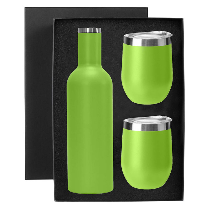 A drink bottle and two tumblers in bright green, presented in a black gift box. The bottle has a sleek design and a metal lid.