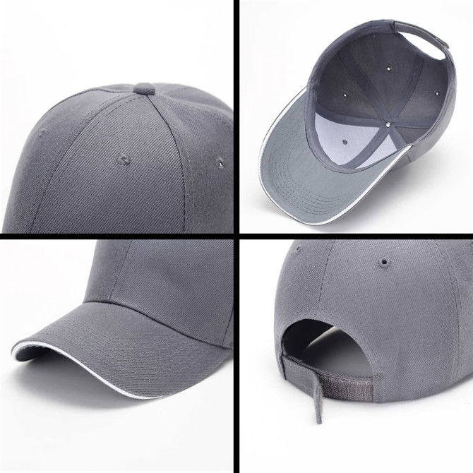 A grey 6-panel heavy acrylic sandwich cap featuring a logo, with an adjustable strap at the back.