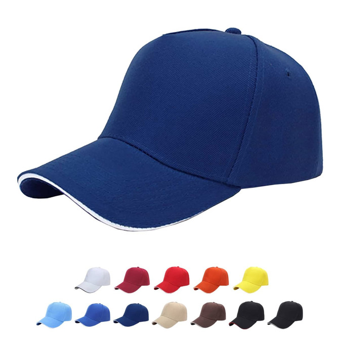A blue 5-panel heavy acrylic sandwich cap with a white trim, featuring various coloured caps arranged below.