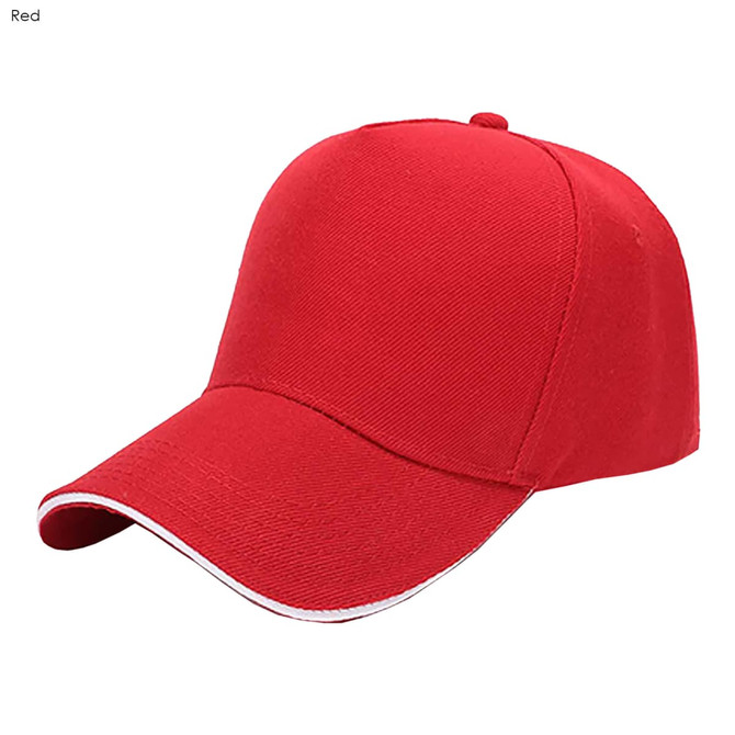 A red 5 panel heavy acrylic sandwich cap with a decorative trim and a logo.