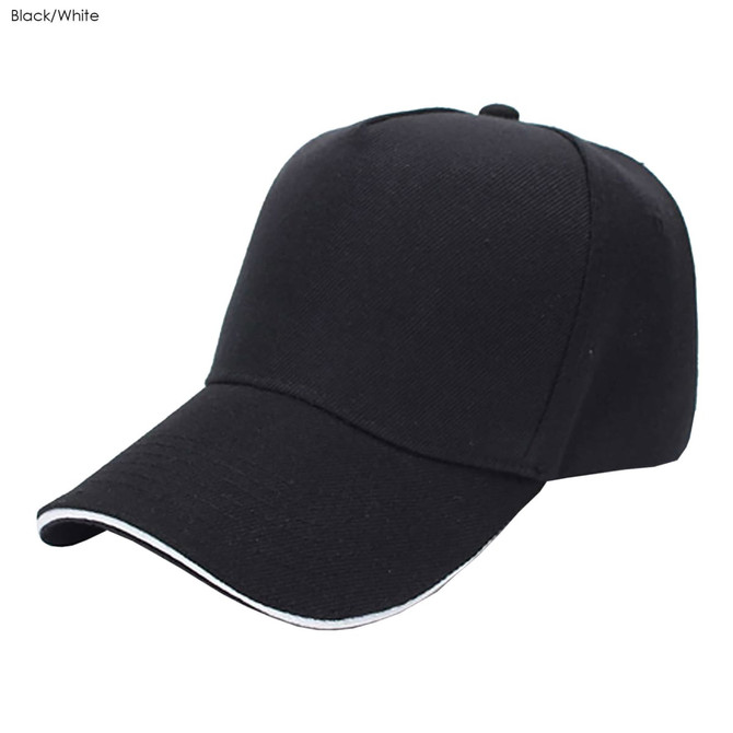 A black and white heavy acrylic five-panel cap with a curved brim and a logo.