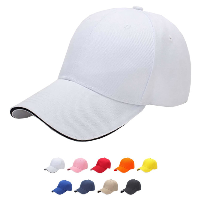A white six-panel cotton cap with a black underside of the brim, alongside various coloured caps below.