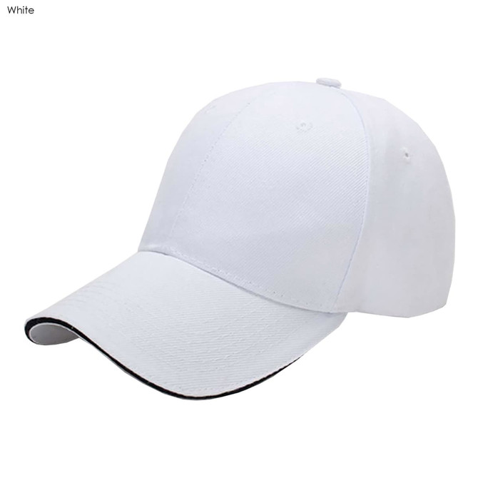 A white six-panel cotton cap with a sandwich brim and a logo on the front.