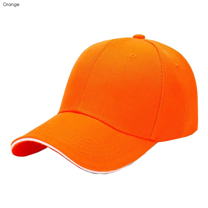 An orange six-panel kid's cap with a sandwich visor and a logo.