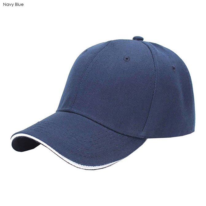 A navy blue six-panel cotton cap with a sandwich peak and a logo on the front.