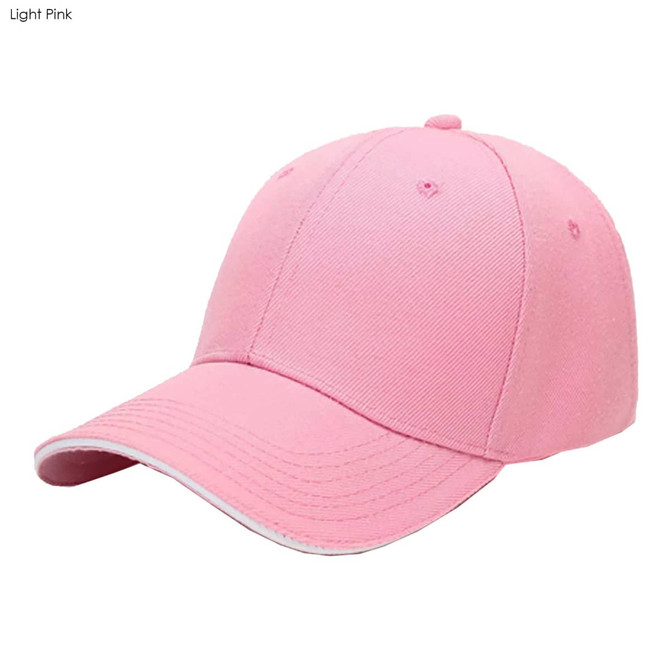 A light pink six-panel cotton cap featuring a curved brim and a logo.