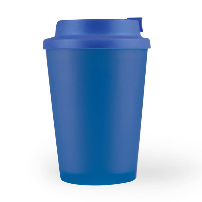 A reusable coffee cup in vibrant blue with a matching comfort lid, featuring a logo on the side.