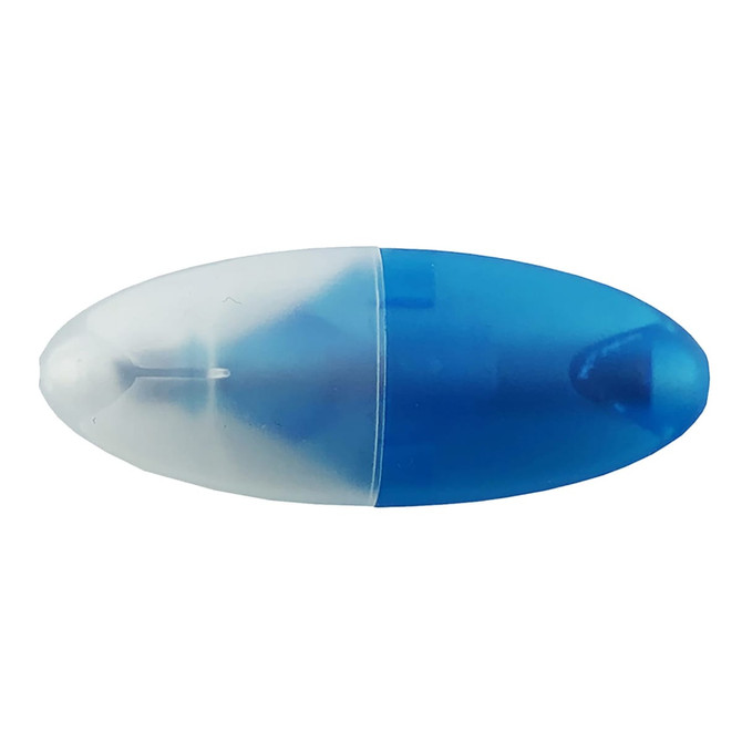 A mini highlighter with a transparent and blue plastic casing, featuring a logo.