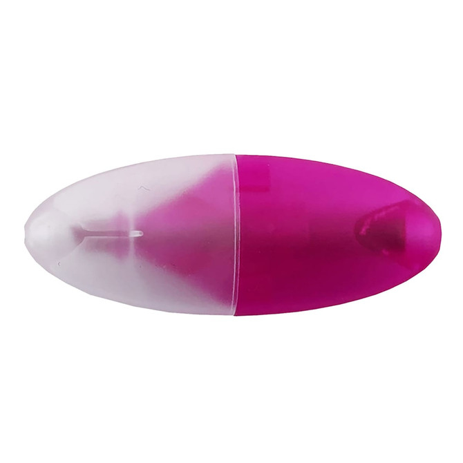 A mini highlighter featuring a pink body and a transparent cap, with a sleek oval shape. It has branding on the surface.