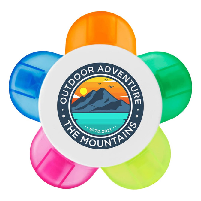 A flower-shaped highlighter set featuring pink, green, blue, orange, and yellow segments, with a central logo.
