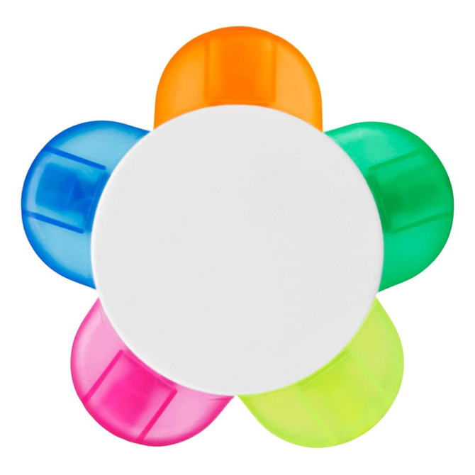 A flower-shaped highlighter with orange, blue, green, pink, and clear petals, centred with a white circular base.