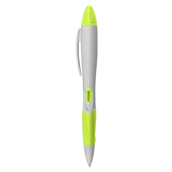 A highlighter pen in grey and bright green, featuring a clip and a logo.
