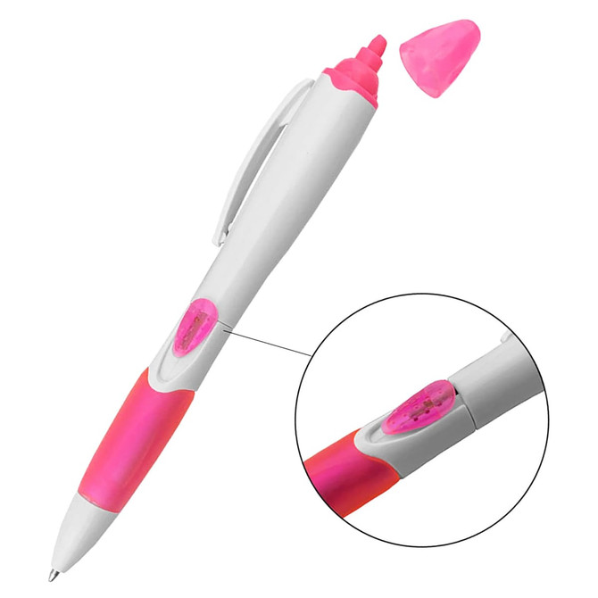 A highlighter pen in pink and white, featuring a retractable tip and a branding logo on the side.