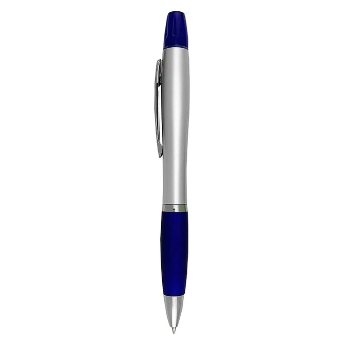 A highlighter pen with a silver barrel and a blue grip, featuring a pen clip and a brand logo.