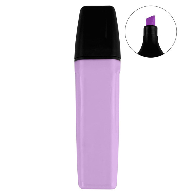 A purple highlighter with a black cap, featuring a chisel tip for highlighting text. It includes a smaller image of the tip.